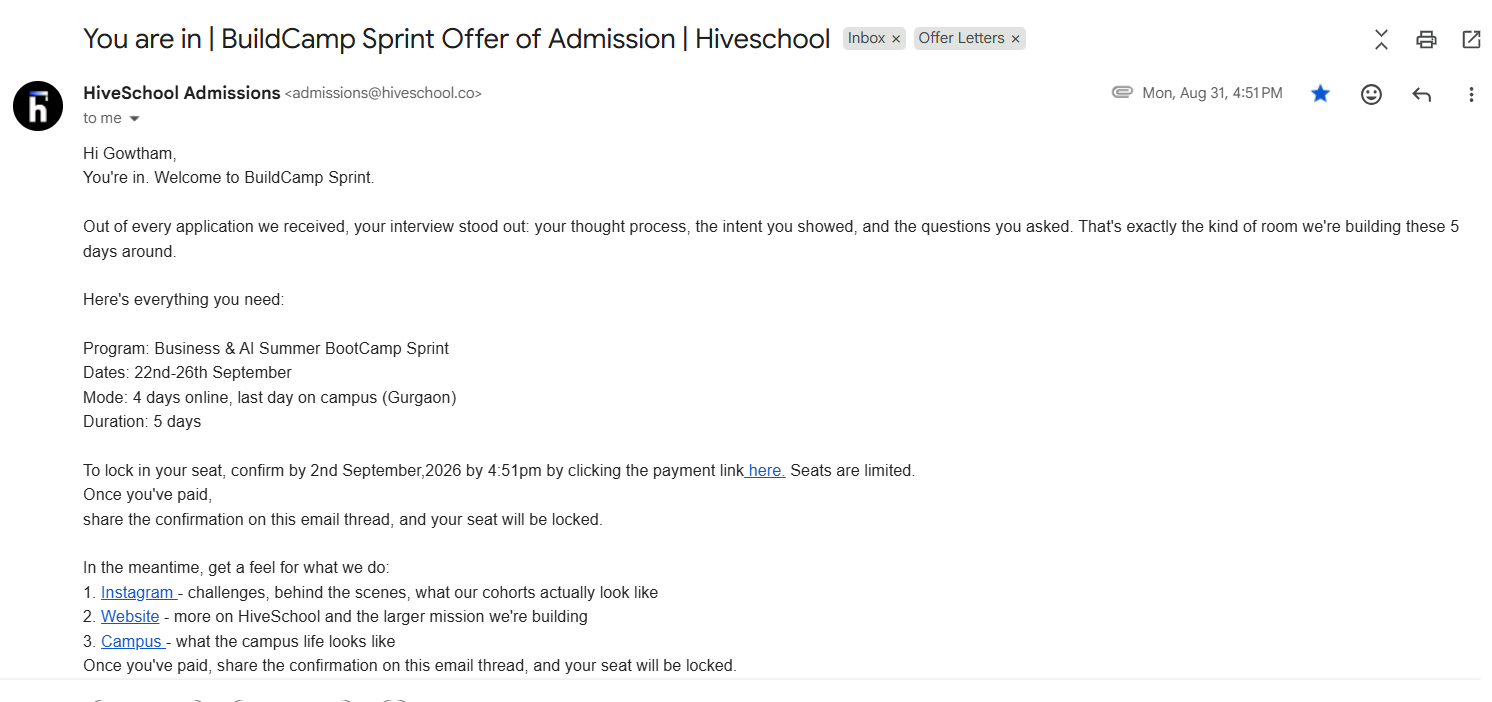 HiveSchool Build Camp Admission Offer Email